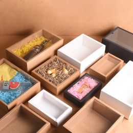 10pcs Folding Kraft Paper Box With Transparent PVC Window Black Packaging Gift Box Wedding Birthday Party Candy Cookie Cake Boxe