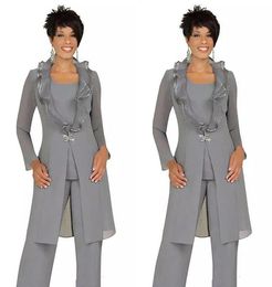 Three Pieces Grey Chiffon Mother of the Bride Pant Suits with Long Jacket Custom Made Women Wedding Guest Dresses Formal Evening O9108352