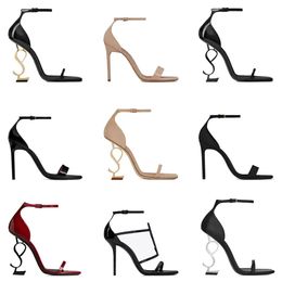 Sandálias de grife de saltos altos sapatos de sandália feminino de pé aberto estiletto salto clássico letras de metal estilista de moda com calça de pó de caixa de caixa de salto alto