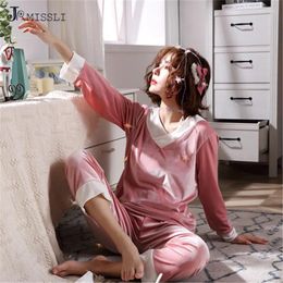 Home Clothing JRMISSLI Solid Gold Velvet Camouflage Women Pyjamas Set 2024 Autumn Winter Pullover Pants Korean Style Cute