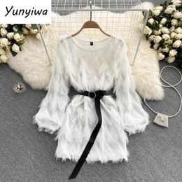 Casual Dresses Women Design Fringe Dress Long Sleeve O Neck Solid Belt A-line Autumn Fashion Streetwear Short