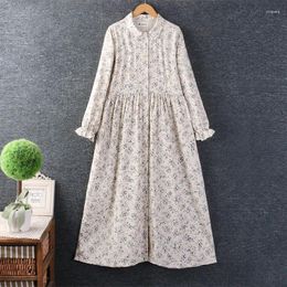 Casual Dresses Spring Women Japanese Small Fresh Cotton Linen Floral Dress Long Sleeve Loose