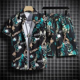 Summer Mens Hawaiian Beach Set Short-Sleeved Floral Shirt Ice Silk Shorts Suit 240321
