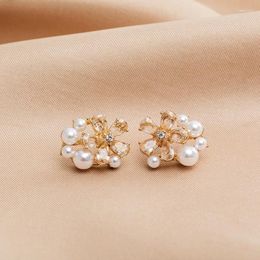 Stud Earrings Korean Style Crystal Flower Imitation Pearl For Women Girls Sweet Statement Earring Party Jewelry Gifts