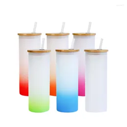 Wine Glasses 20pcs Bulk Frosted Glass Sublimation Blanks Gradient 17oz Straight Skinny Tumbler With Straw And Bamboo Lid Reusable Cups