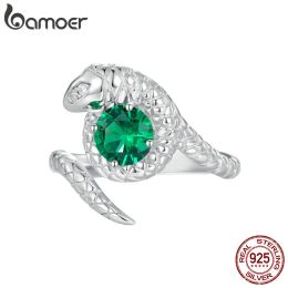 Bamoer 925 Sterling Silver Vintage Snake Open Rings for Women Luxury Big Gem Ring adjustable Personality All-match S925 Jewellery