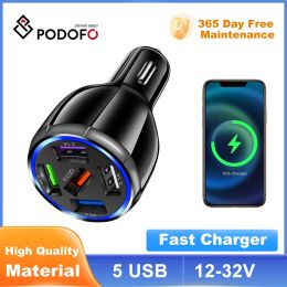 Podofo 5 Ports USB Car Charge QC 3.0 Blue LED USB interface Fast Charging Charger Adapter