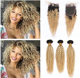 Dark Root 1B613 Blonde Ombre Virgin Hair Weaves with Lace Front Closure Piece 4x4 Kinky Curly Brazilian Ombre Blonde Human Hair 9308517