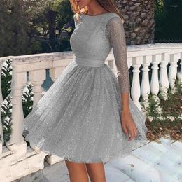 Casual Dresses Apparel Evening Party Sexy Women See-through Sequins 3/4 Sleeve Backless Dress Gown