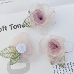 5Pcs/Lot Mesh Rose Yarn Silk Flower Patches With Leaves Handmade 3D Flower Hair Clip DIY Clothing Accessories