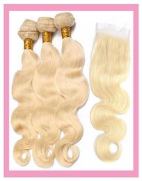 Indian Virgin Hair Blonde Human Hair With 4X4 Lace Closure Body Wave 3 Bundles With Four By Four Lace Closure 613 Color Body Wave7713085