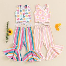 Clothing Sets Girls 2Pcs Set Flower Print Back Tie-up Tank Tops Elastic Waist Striped Flare Pants Toddler Summer Outfits Children's