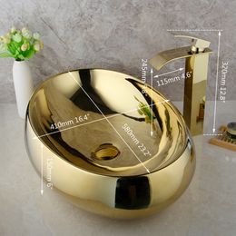 JIENI Golden Plated Bathroom Ceramic Basin Sink Golden Plated Solid Brass Faucet Tap Set Bowl Vessel Washbasin Sink W/ Pop Drain