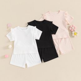 Clothing Sets Summer Toddler Kids Baby Girls Clothes Ribbed Ruffles Short Sleeve T-shirts Tops Elastic Waist Shorts Casual Outfits