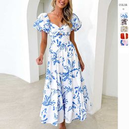 2024 Spring/summer Style Slim Fit Printed Bubble Sleeves Large Display High End Dress for Women