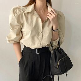 Women's Blouses Women Casual Loose Shirt Lapel V-Neck Button Up 3/4 Puff Sleeve Plain