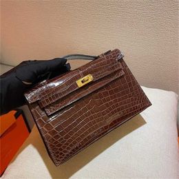 Handbag Crocodile Leather 7A Quality Genuine Handswen Bags Sewn real dark brown to withqqGYII