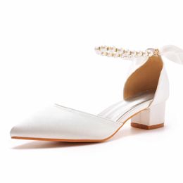 Dress Shoes Crystal Queen Fashion Women Sexy Pumps Pointed Toe Buckle Strap Sandals Thick High Heel White Silk Beading Bride H240409 VFZ3