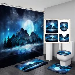 Waterproof Shower Curtain Set Moonlight Sea Starry Sky Scenery Bath Rug and Mats with Hooks Toilet Seat Cover Bathroom Decor