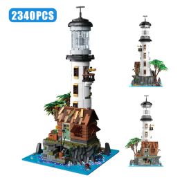 Creative Fisherman Cabin Lighthouse With Light Model Building Blocks Street View Island Fishing Village Mini Bricks MOC Toy Gift