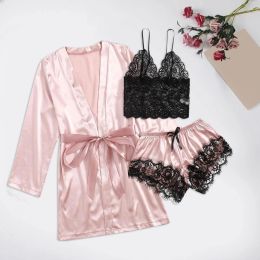 Warm Pajamas Women Women' Silk Satin Pajamas Set 3pcs Lingerie Floral Lace Sleepwear With Robe Toddler Size 11 Slippers