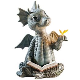 Dragon Dinosaur Meditation Reading Book Sculpture Figure Garden Home Decoration Resin Ornament Outdoor Garden Crafts Decoration 240408