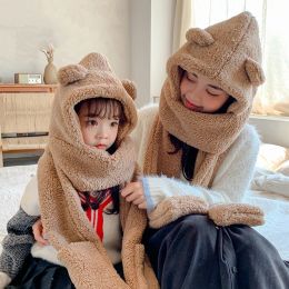 Cute Bear Ear Hat Scarf Gloves Set Winter Baby Novelty Caps Warm Casual Plush Hats Casual Solid Fleece Girl Kawaii Accessories