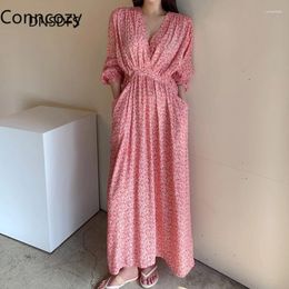 Casual Dresses Korean Spring Floral Printed Dress Green Womens Fashion Slim High Waist Pleated Pocket Long Women Pink Beach Boho