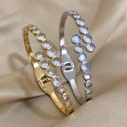 Bangle AENSOA 316L Stainless Steel Inlaid Round Zircon Shiny Open Bracelet For Women Sparkling Gold Colour Cuff Bracelets