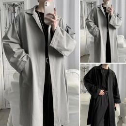 Men Polyester Trench Coat Stylish Lapel Trench Coat for Men Breathable Wrinkle-resistant Spring Autumn Jacket Trendy Solid Color