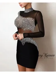 Casual Dresses Black Women's Sexy Patchwork Pleated Satin Lace Perspective Diamond Sparkling Slimming Luxury Dress Elegant Hip Wrap