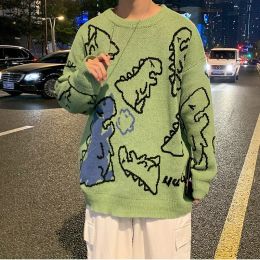 Dresses Oneck Long Sleeve Women's Oversize Sweater Solid Dinosaur Printed Y2k Knitted Sweater Loose Casual Oversized Knitted Pullover
