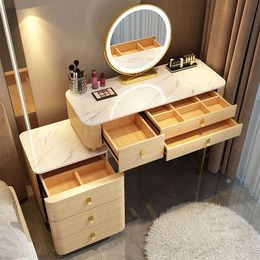 Nordic Vanity Desk Modern Dresser Table Marble Slate Bedroom Dressing Table Density Board Makeup Table with LED Mirror Furniture