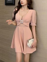 Party Dresses Korean Sexy Elegant V-Neck Diamond Hollow Out Pink Mini Dress Mesh Puff Sleeve Splice Backless A-line Short V581