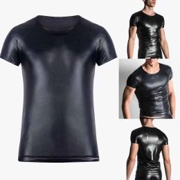 Men Faux Leather Tops Stretch Pu Leather Short Sleeve T-shirts Club Slim Bar Stage Performance Tee Shirt Elastic Tops Blouse