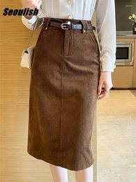 Skirts Seoulish Autumn Winter Corduroy Pencil Womens With Belted 2024 High Waist Back Split Office Female Sheath Wrap