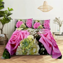 Pink Rose Queen Size Sheet Set Kid's Room Flower Bedding Set Bed Sheets and Pillowcases Bedding Flat Sheet Bed Sheet Set