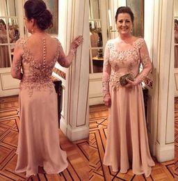 2021 Blush Pink Mother Of The Bride Dresses Jewel Neck Lace Appliques Flowers Illusion Satin Long Sleeves Evening Dress Wedding Gu1428228
