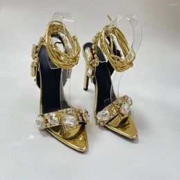 Sandals Ankle Strap Sexy Women Party Nightclub Stripper Heels Gold Crystal Diamond Pointed Toe Wedding Shoes P30D50