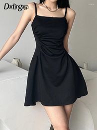 Casual Dresses Spaghetti Strap Folds Basic Black Dress Summer Solid Korean Fashion Mini Female Sleeveless Clothes Chic