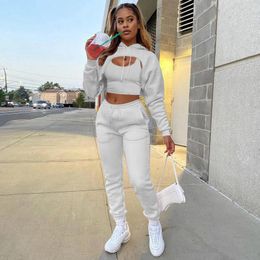 Women's Two Piece Pants Fashionable Fleece Lining Drawstring Solid Colour Hoodie Long Sleeved Vest Three Set