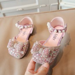 Sneakers Princess Girls Sandals 2022 Summer New Pink Silver Bow Sequins Rhinestones Dance Shoes Fashion Chldren's Sandals H160