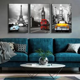 3pcs Landscape Towers Sports Cars Red Buses Prints And Posters Modern Black And White City Views Canvas Painting For Living ROOM