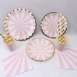 Pink Foil Gold Disposable Paper Plate Birthday Cups Straw For Kids Birthday Baby Shower Baptism Party Wedding Decor Tableware