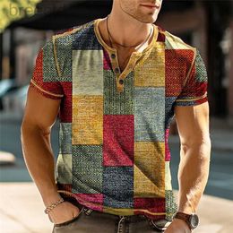 Men's Casual Shirts Patchwork Colour Block 3D Print Vintage Henley Shirts Mens Fashion Oversized Button-Down Short Sleeve T Shirt Tees Tops Clothing 240409