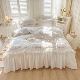 Bedding Sets Cotton Korean Princess White Ruffle Bedspread Flower Embroided Duvet Cover Bed Skirt Pillowcases Home Textile