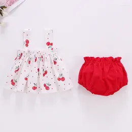 Clothing Sets 0-2 Years Baby Girl Summer Dress Suit Little Clothes Infant Toddler Cherry Sling Bread Pants Two-piece Set