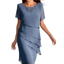 Womens Work Dress Sheath Dress Chiffon Dress Midi Dress Layered Crew Neck Short Sleeve Plain Loose Fit Wine Blue Green Summer 240326