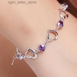 Bangle High quality 925 sterling silver bracelet with heart-shaped amethyst zircon bracelet suitable for womens parties engagement jewelry gifts yq240409