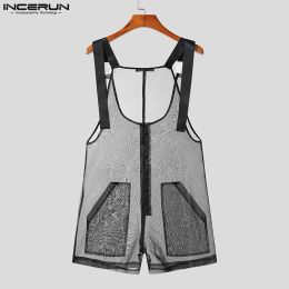 INCERUN 2023 Fashionable New Men Jumpsuits See-through Mesh Design Casual Sexy Style Hot Selling Thin Solid Pocket Rompers S-5XL